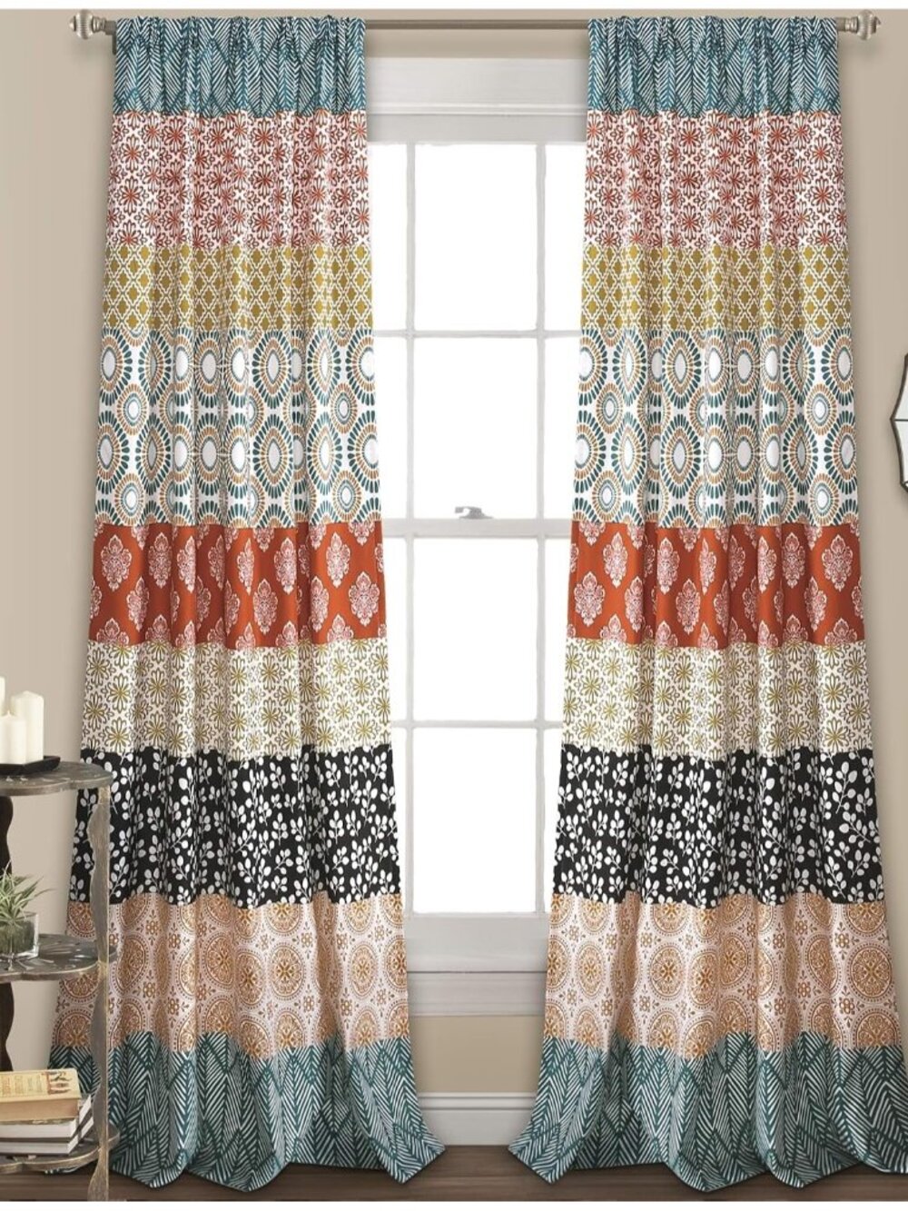 Bohemian Stripe Window Curtain Panels, Pair 52" W x 84" L Turquoise & Orange - L